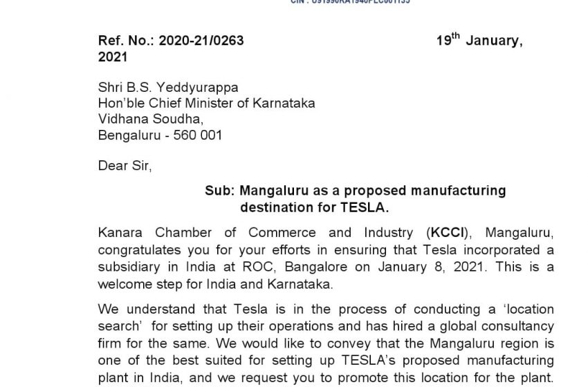  KCCI invites Tesla to Mangaluru