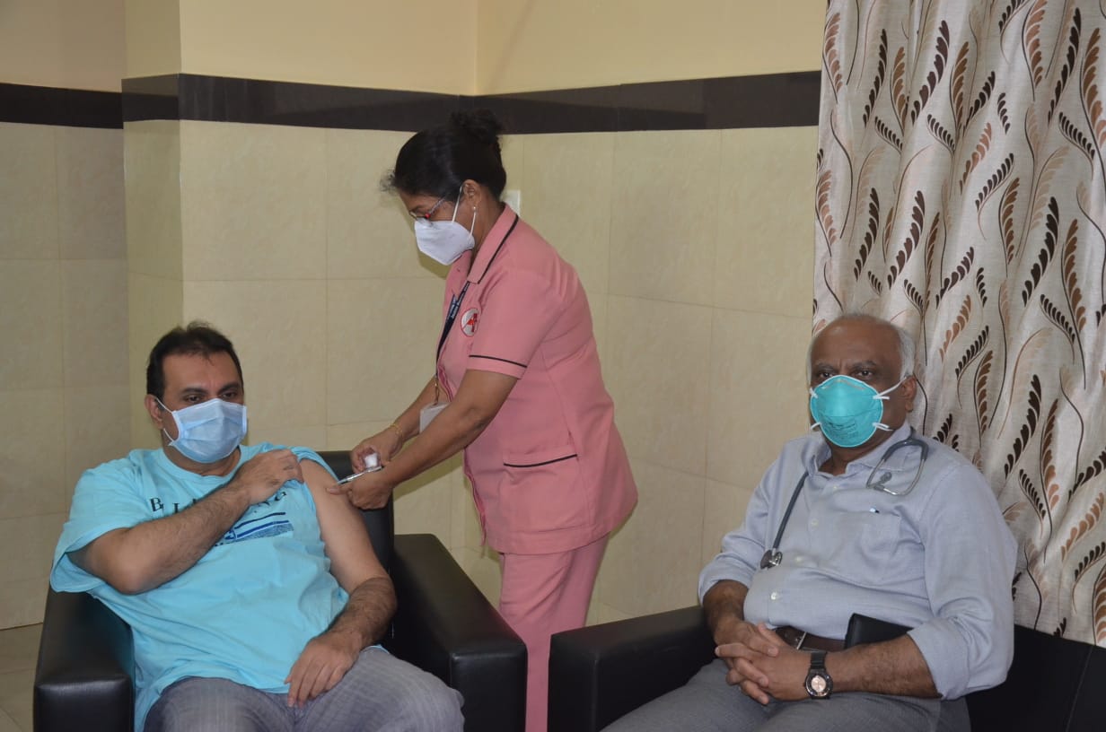 Former Minister Pramod Madhwaraj took second dose of COVID-19 vaccination at Adarsha Hospital in Udupi today.