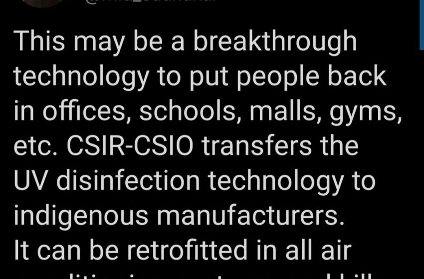  CSIR-Central Scientific Instruments Organisation (CSIO) transfers the UV Disinfection technology to combat SARS-CoV-2 to 27 indigenous manufacturers