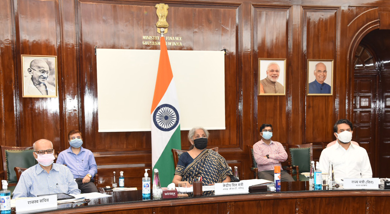 The Union Minister for Finance and Corporate Affairs, Nirmala Sitharaman chairing the 44th GST Council meeting, through video conferencing, in New Delhi on June 12, 2021. The Minister of State for Finance and Corporate Affairs, Shri Anurag Singh Thakur is also seen.
