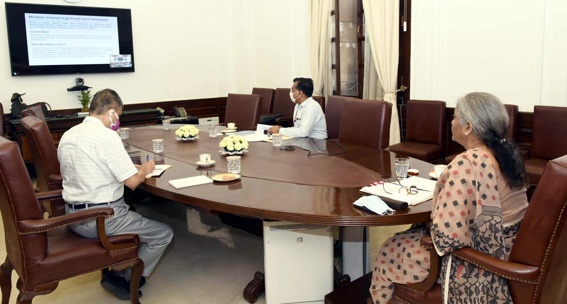 The Union Minister for Finance and Corporate Affairs, Nirmala Sitharaman holding the 6th review meeting on CAPEX & Infrastructure Roadmap, through video conferencing, in New Delhi on June 29, 2021.
