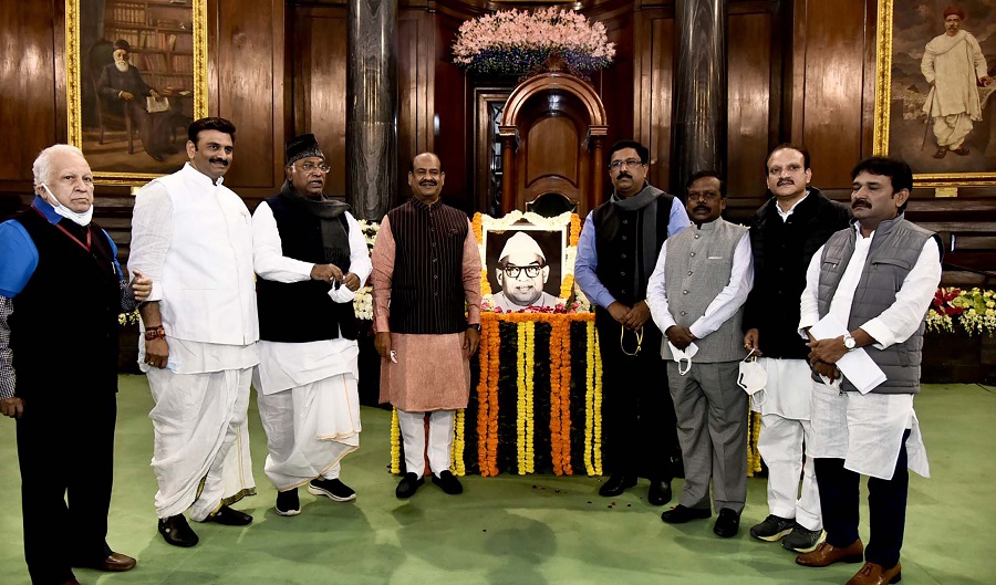 Lok Sabha speaker Om Birla and other dignitaries paid tributes to the former Speaker of Lok Sabha, M.A. Ayyangar on his Birth Anniversary, at Parliament House, in New Delhi on February 04, 2022.