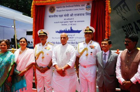 The Union Minister for Defence, Shri Rajnath Singh launching the frontline warship INS Surat of the Indian Navy, at Mazagon Docks Limited (MDL), in Mumbai on May 17, 2022.