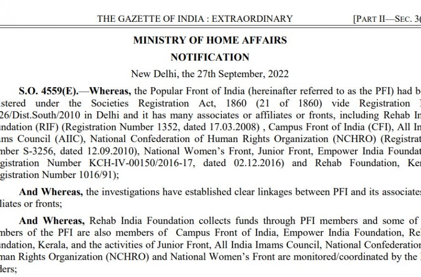  Ministry of Home Affairs declares Popular Front of India and its affiliates as ‘Unlawful Association’