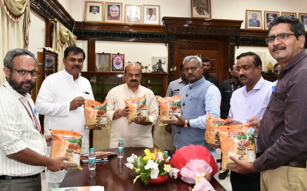 Chief Minister Basavaraj Bommai today released millets (Ragi) packet brought out by the Food and Civil Supplies Department